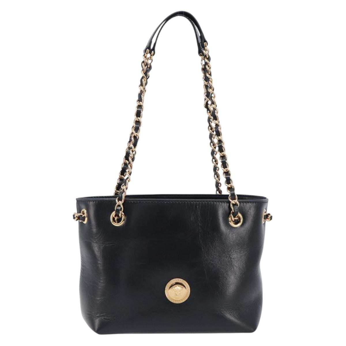 VERSACE Chain Shoulder Bag Leather Black Gold Auth 200692V