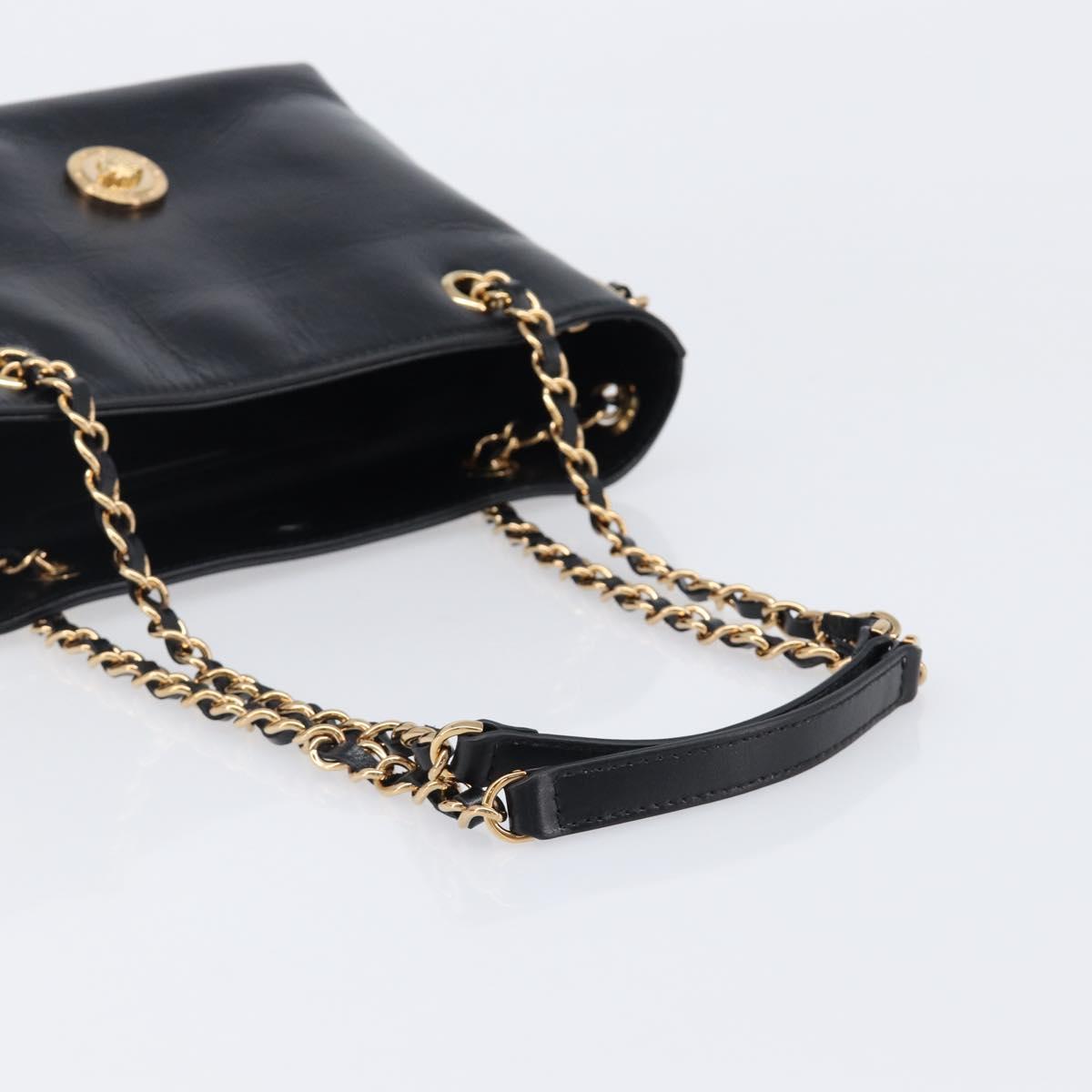 VERSACE Chain Shoulder Bag Leather Black Gold Auth 200692V