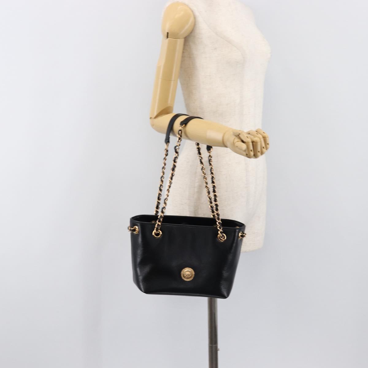 VERSACE Chain Shoulder Bag Leather Black Gold Auth 200693V