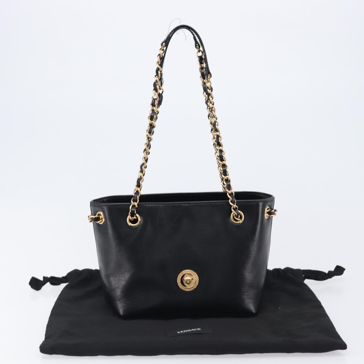 VERSACE Chain Shoulder Bag Leather Black Gold Auth 200693V