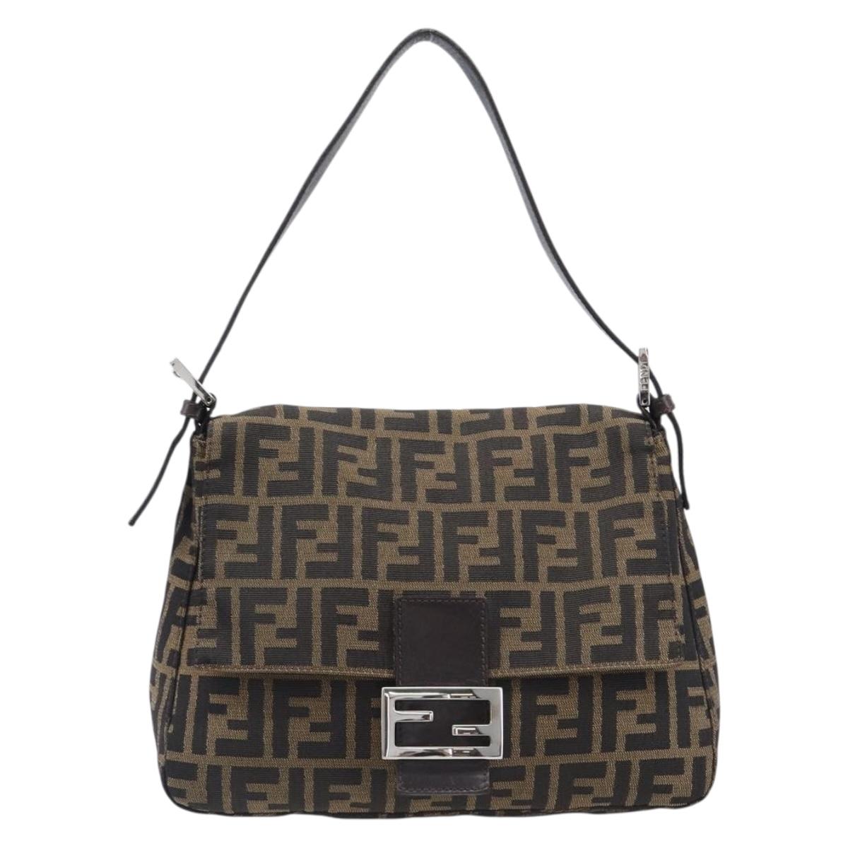 FENDI Zucca Canvas Mamma Baguette Shoulder Bag Black Brown Auth 200696V