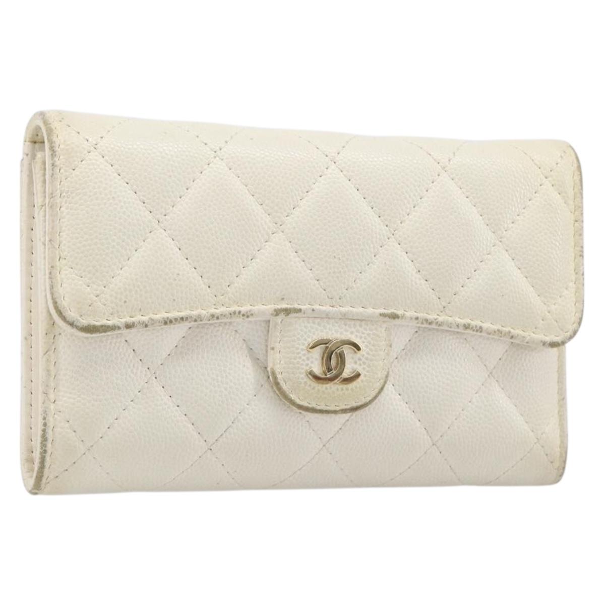 CHANEL Matelasse Long Wallet Caviar Skin White Gold CC Auth 200700