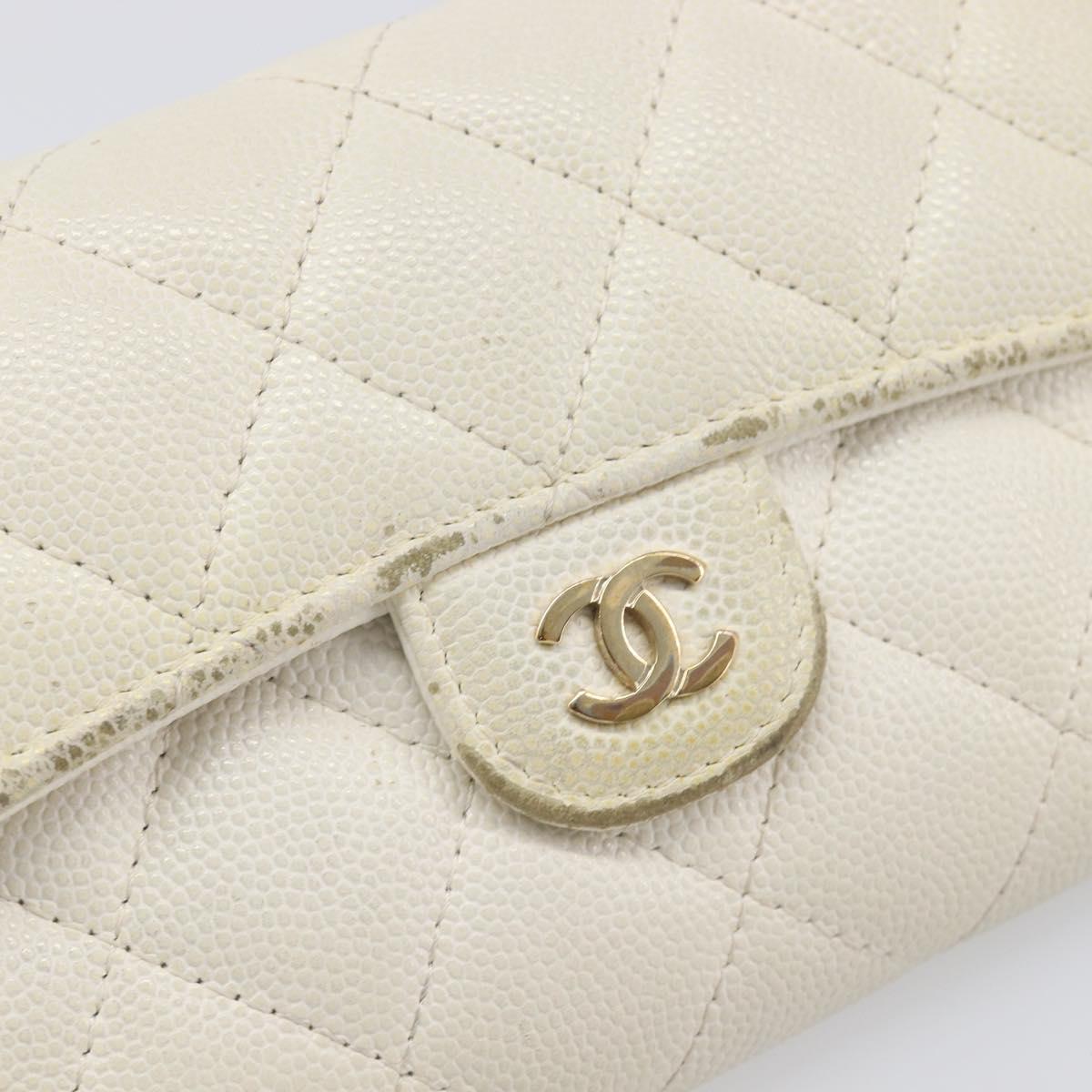 CHANEL Matelasse Long Wallet Caviar Skin White Gold CC Auth 200700