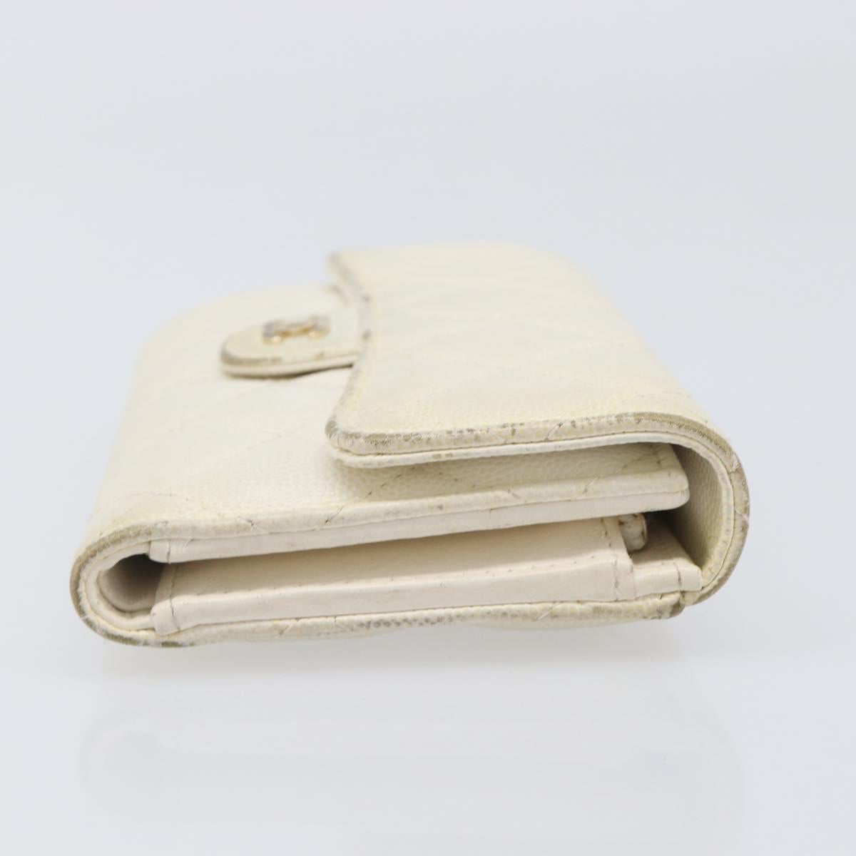 CHANEL Matelasse Long Wallet Caviar Skin White Gold CC Auth 200700