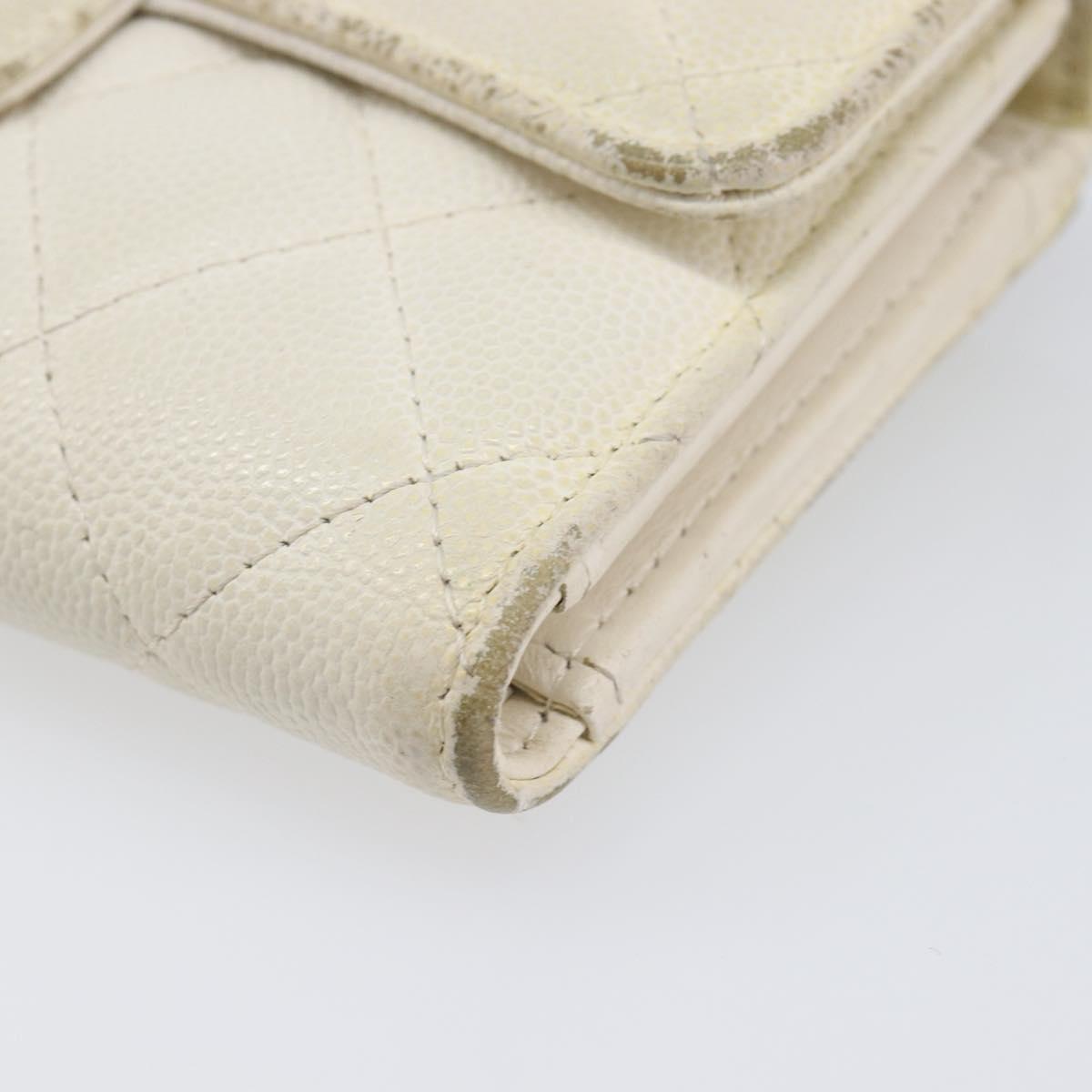 CHANEL Matelasse Long Wallet Caviar Skin White Gold CC Auth 200700