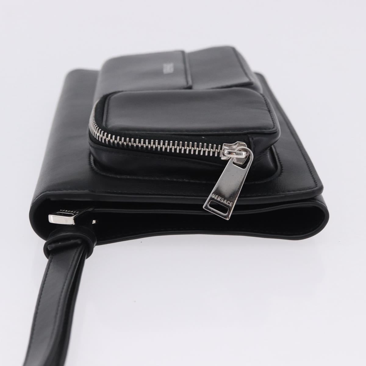 VERSACE Clutch Bag Leather Black Silver Auth 200703V