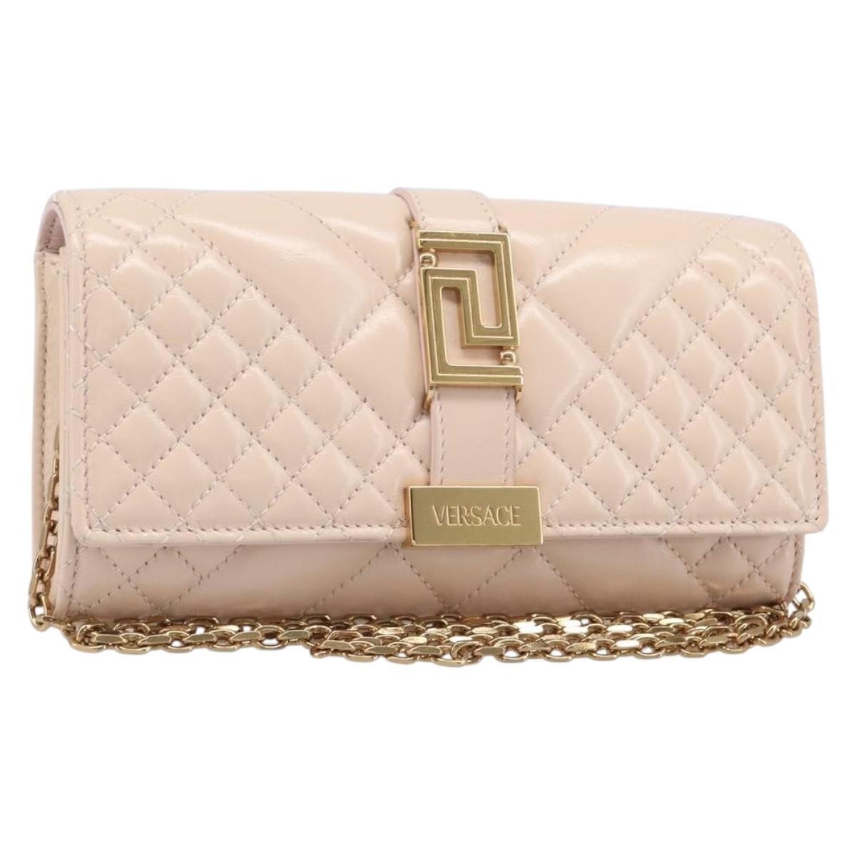 VERSACE Chain Shoulder Wallet Greca Goddess Leather Pink Gold Auth 200704V