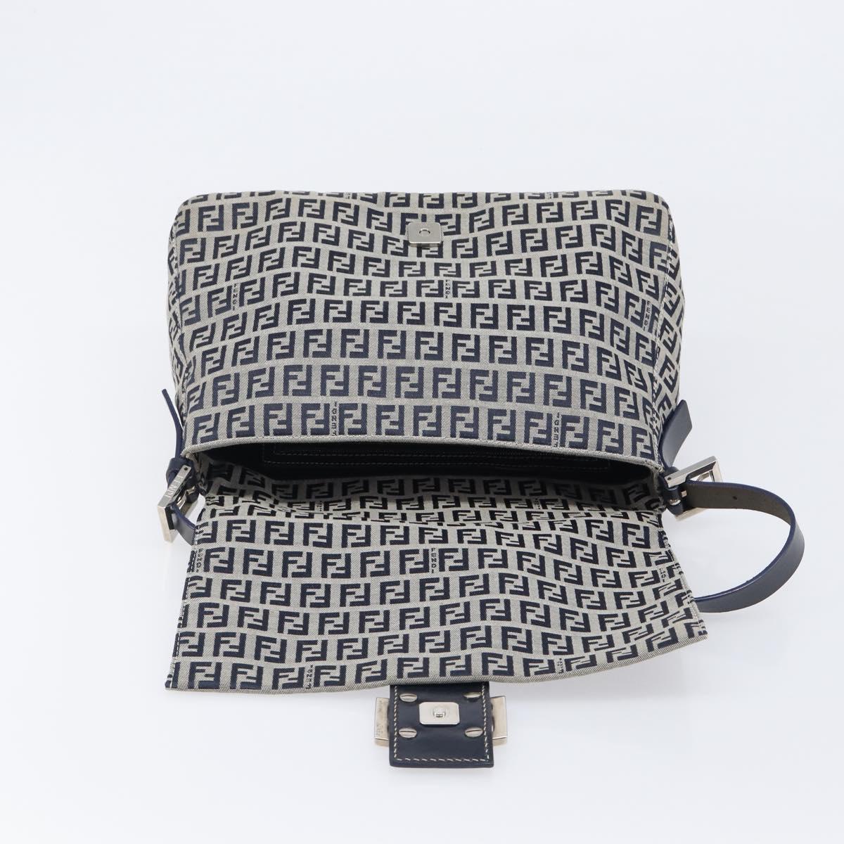 FENDI Zucchino Canvas Mamma Baguette Shoulder Bag Navy Silver Auth 200709V