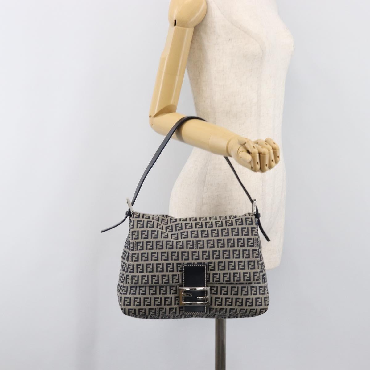 FENDI Zucchino Canvas Mamma Baguette Shoulder Bag Navy Silver Auth 200709V