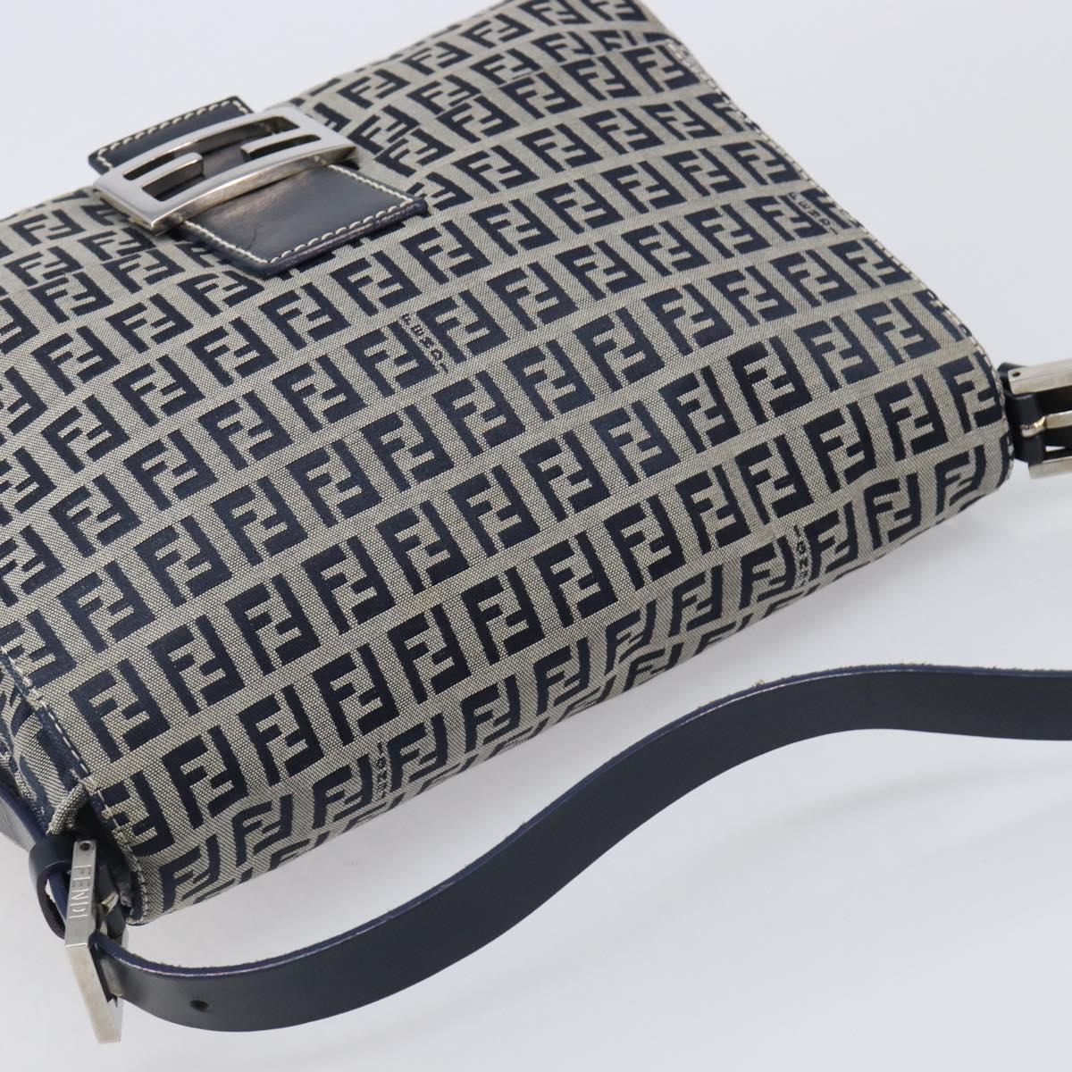 FENDI Zucchino Canvas Mamma Baguette Shoulder Bag Navy Silver Auth 200709V