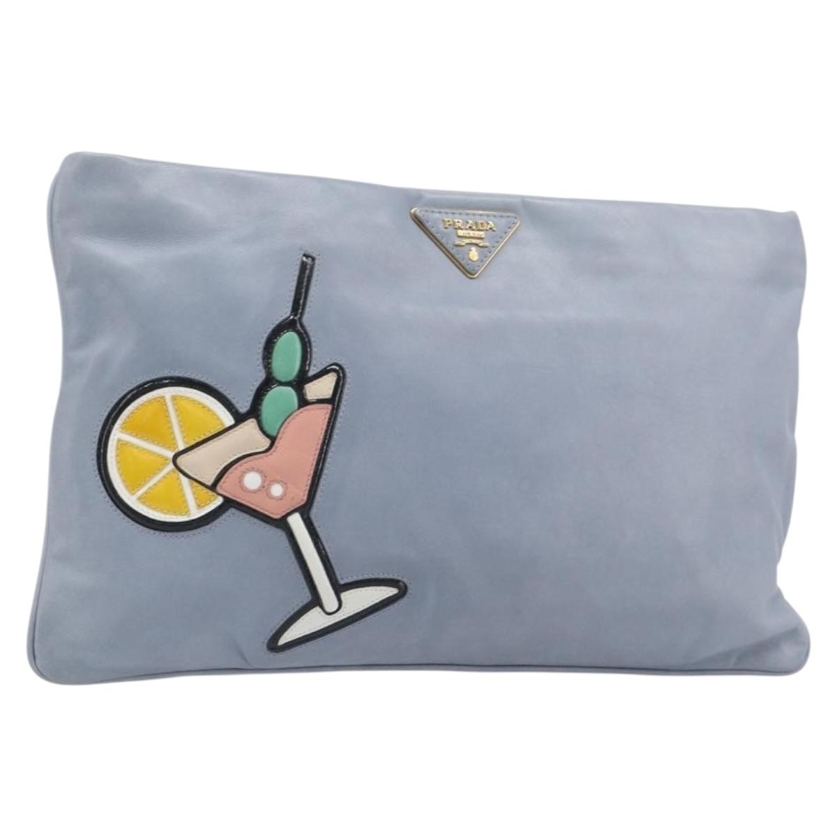PRADA Clutch Bag Leather Light Blue Gold Auth 200722A