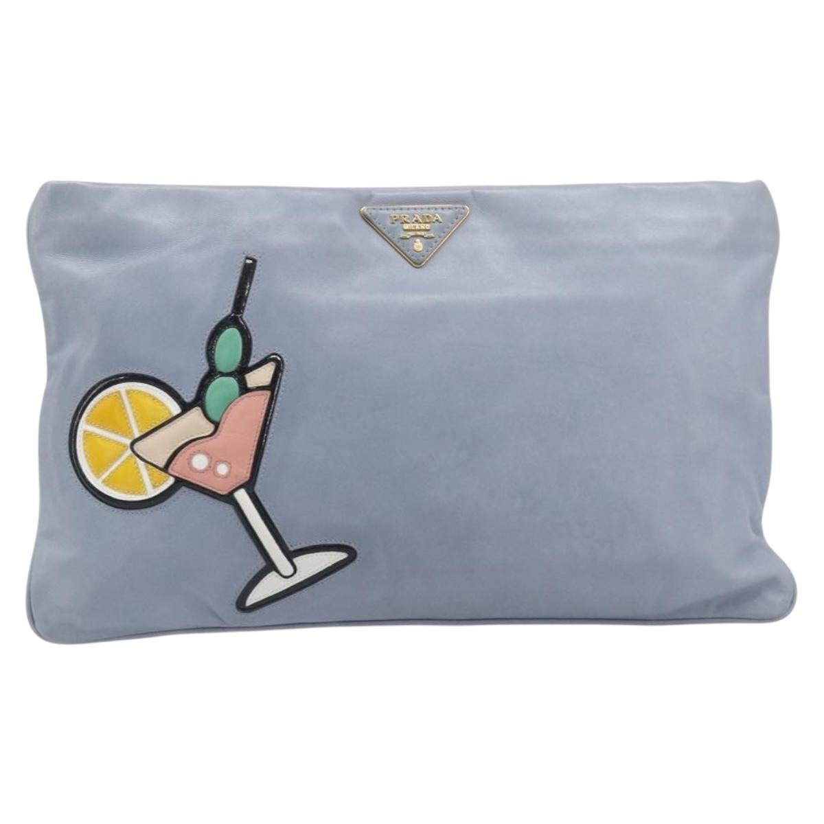 PRADA Clutch Bag Leather Light Blue Gold Auth 200722A