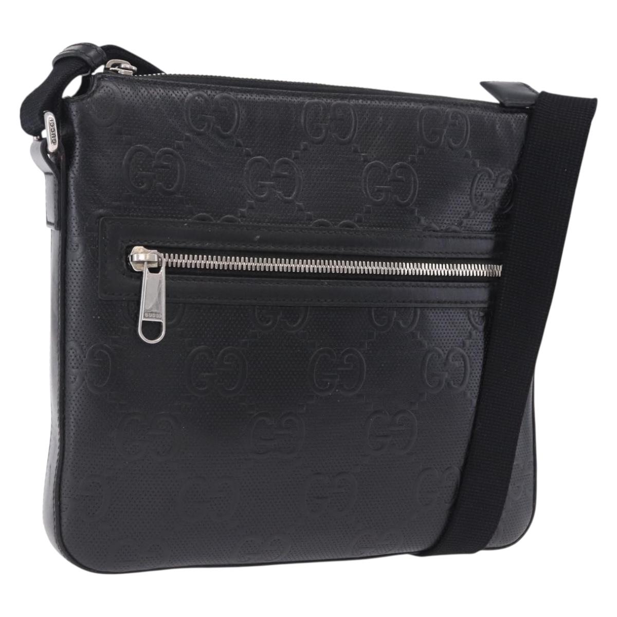 GUCCI GG Emboss Shoulder Bag Leather Black Silver 406410 Auth 200726