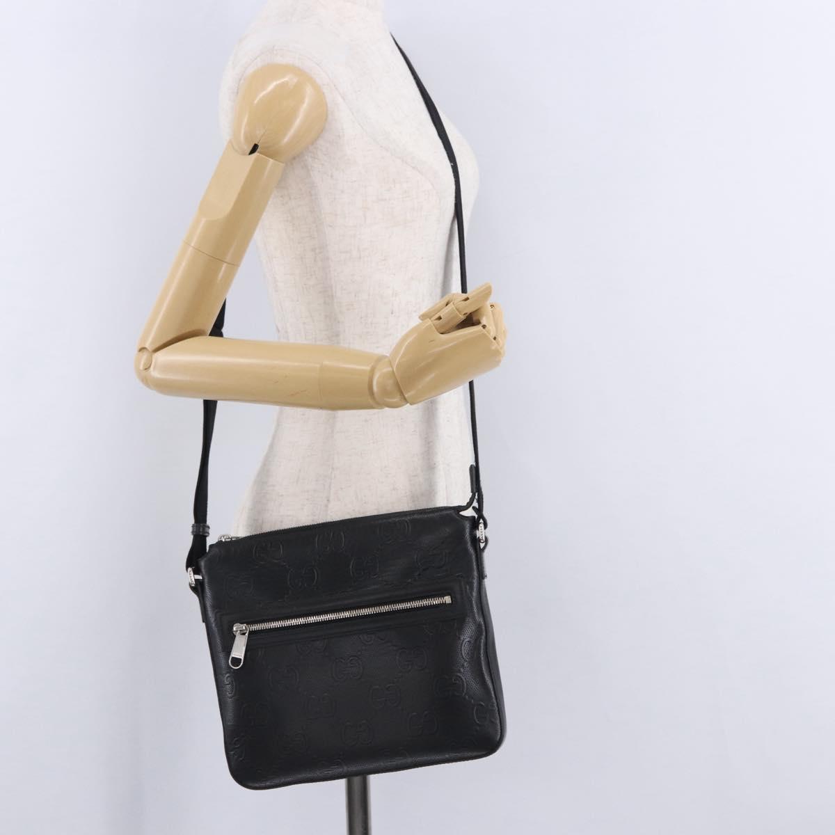 GUCCI GG Emboss Shoulder Bag Leather Black Silver 406410 Auth 200726