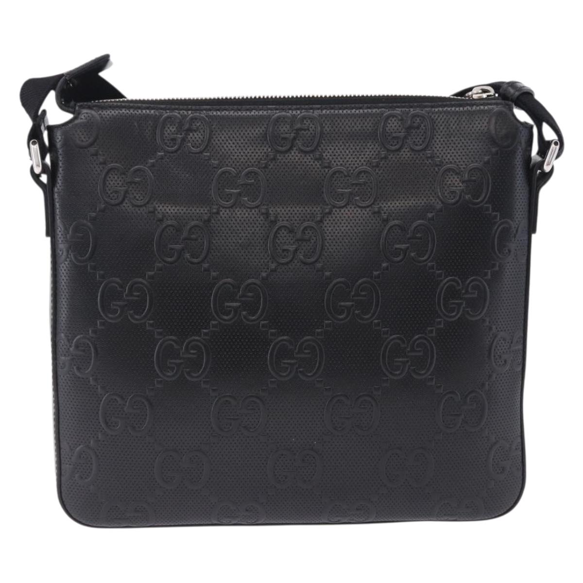 GUCCI GG Emboss Shoulder Bag Leather Black Silver 406410 Auth 200726