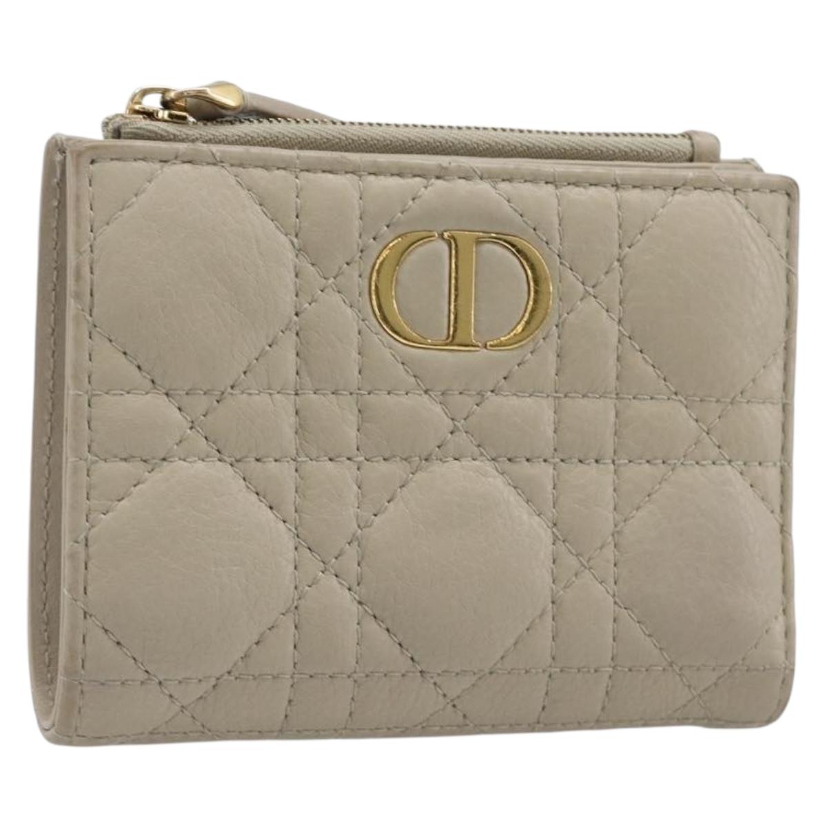 Christian Dior Cannage Caro Dahlia Wallet Lamb Skin Beige Gold Auth 200738A