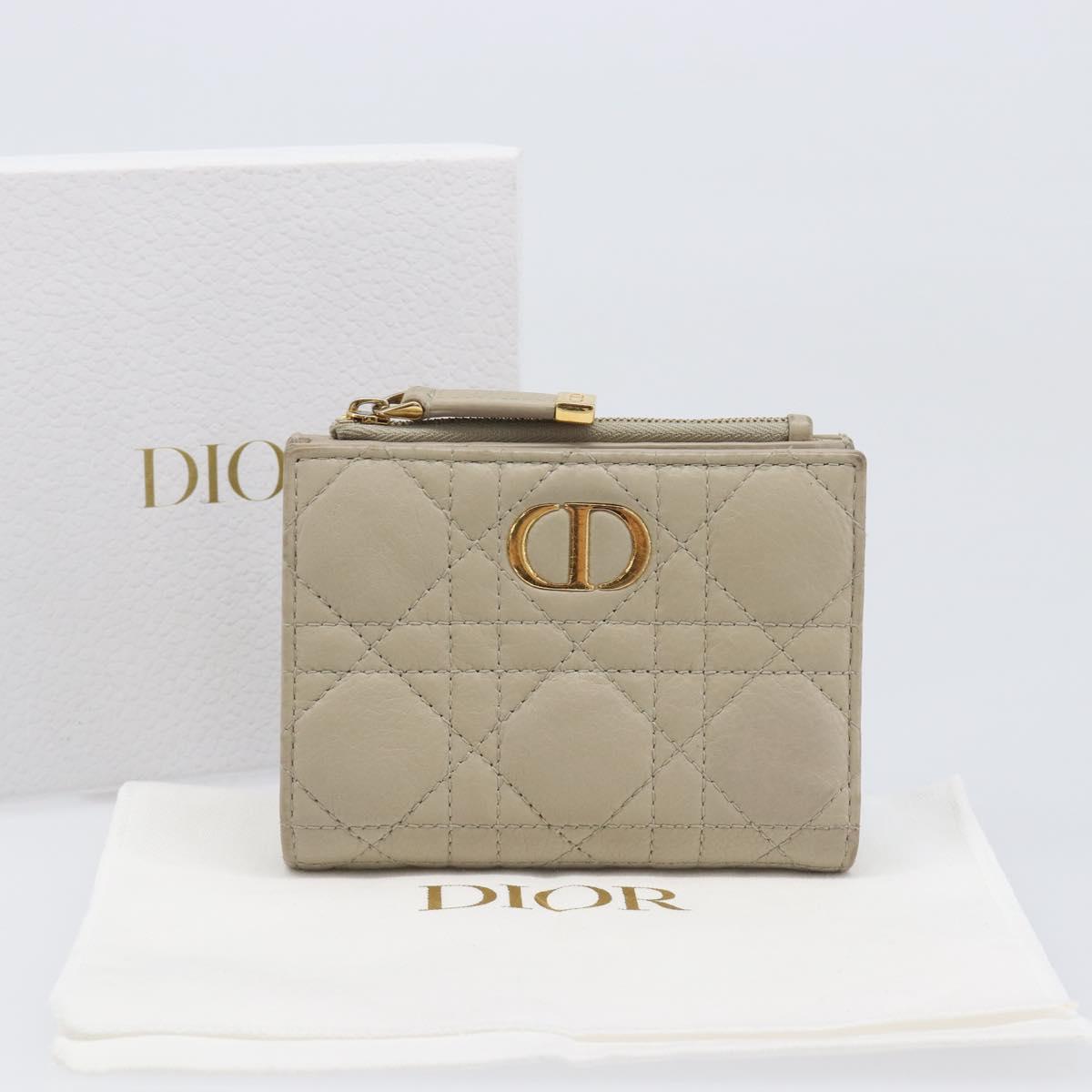 Christian Dior Cannage Caro Dahlia Wallet Lamb Skin Beige Gold Auth 200738A