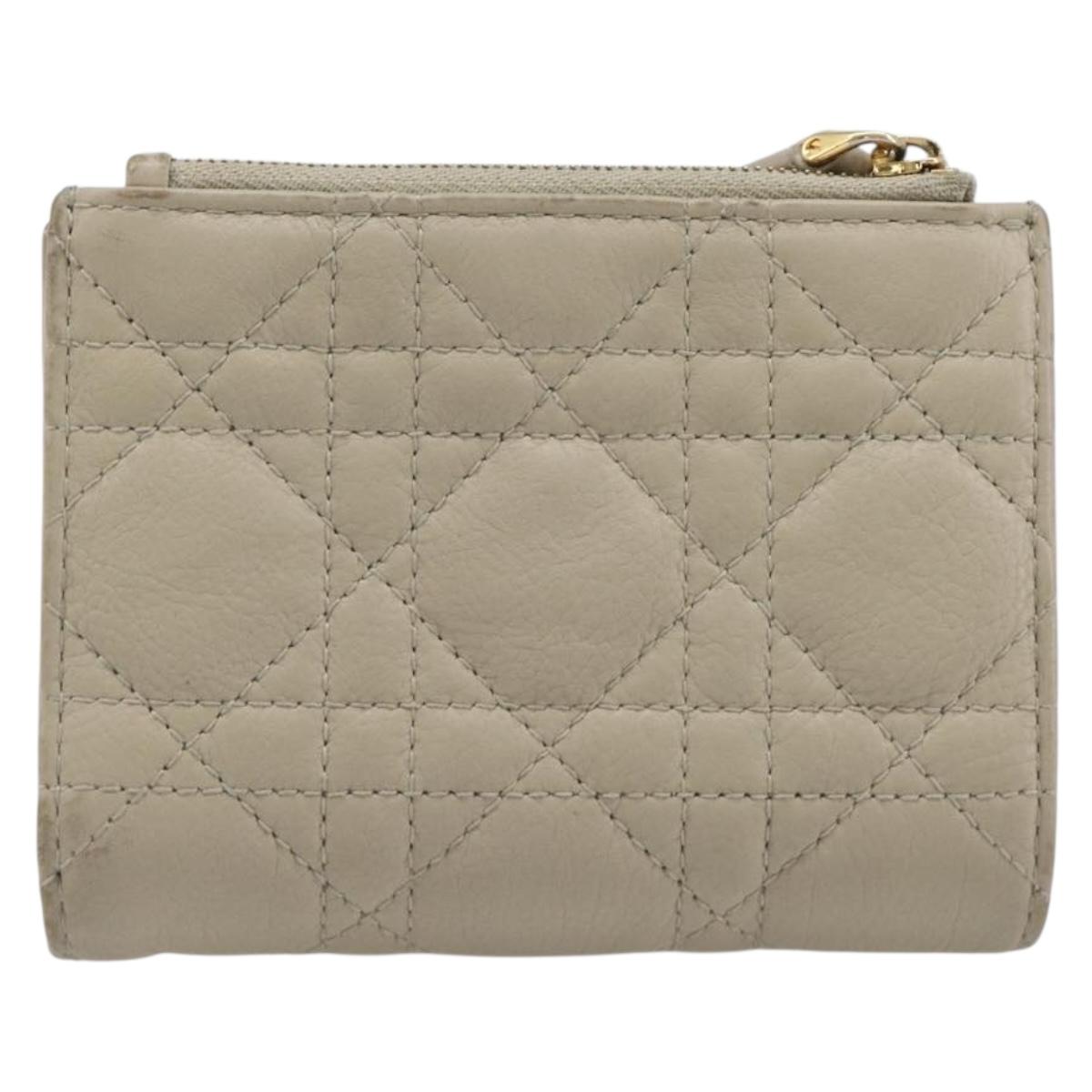 Christian Dior Cannage Caro Dahlia Wallet Lamb Skin Beige Gold Auth 200738A