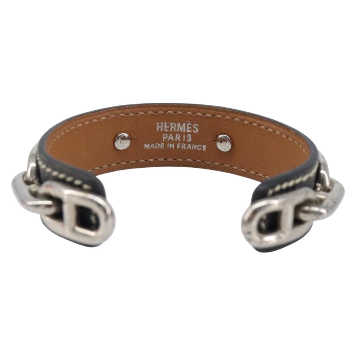 HERMES Bangle Chaine d'Ancre Bracelet Metal Leather Silver Black Auth 200739V