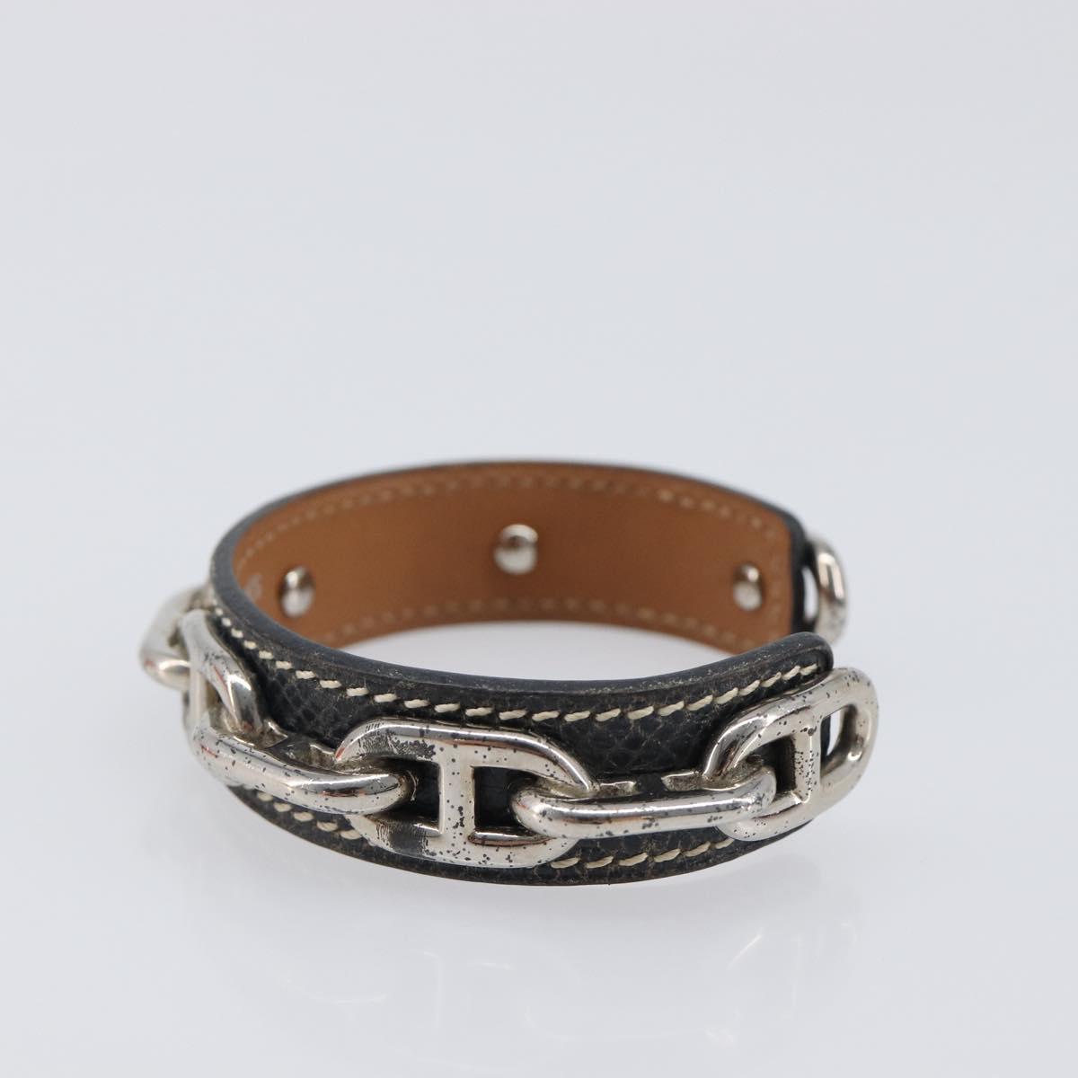 HERMES Bangle Chaine d'Ancre Bracelet Metal Leather Silver Black Auth 200739V