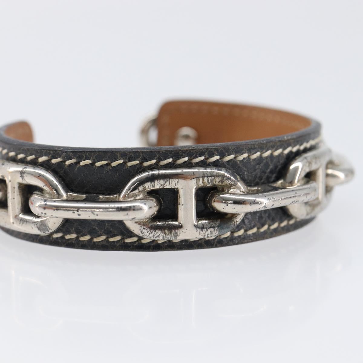 HERMES Bangle Chaine d'Ancre Bracelet Metal Leather Silver Black Auth 200739V