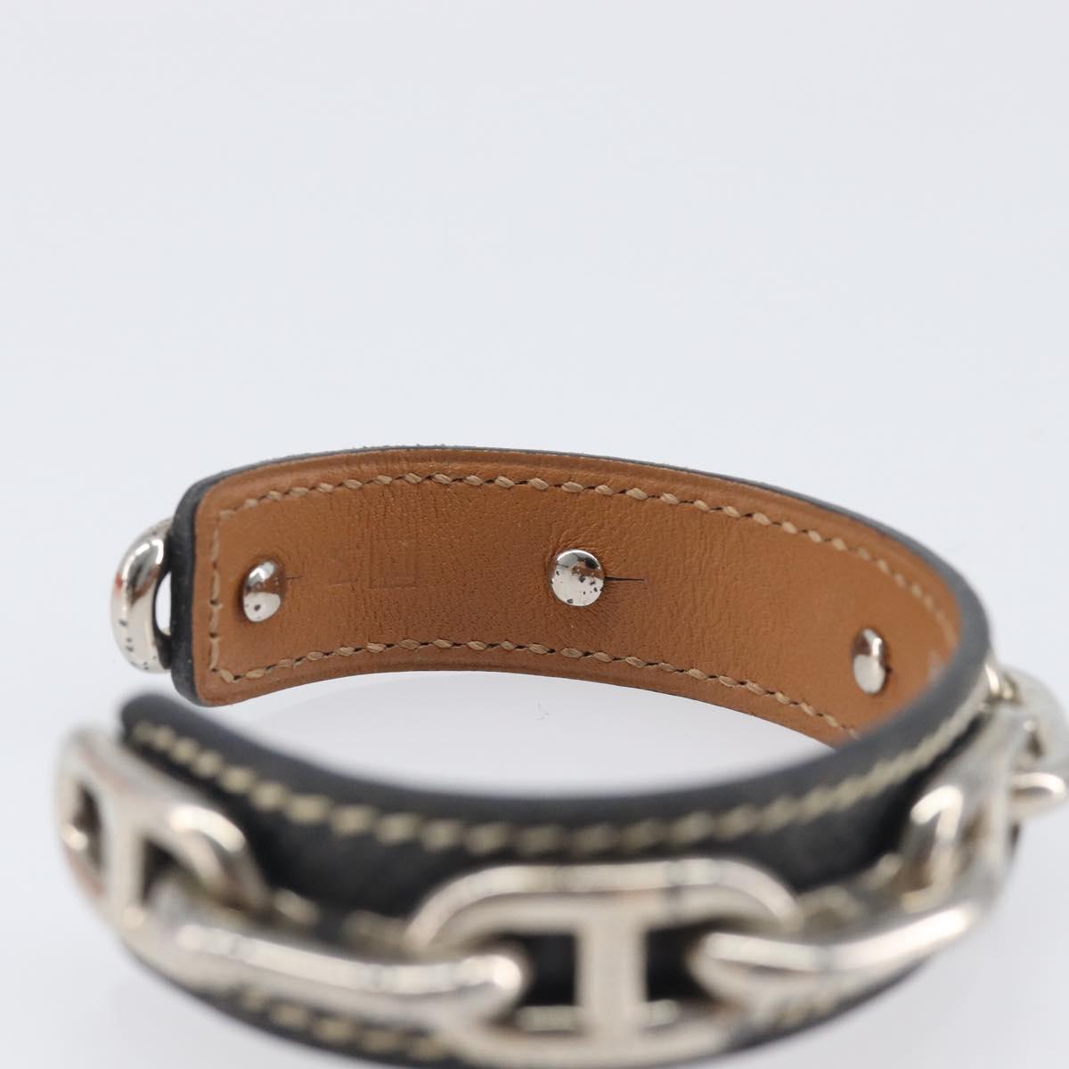 HERMES Bangle Chaine d'Ancre Bracelet Metal Leather Silver Black Auth 200739V