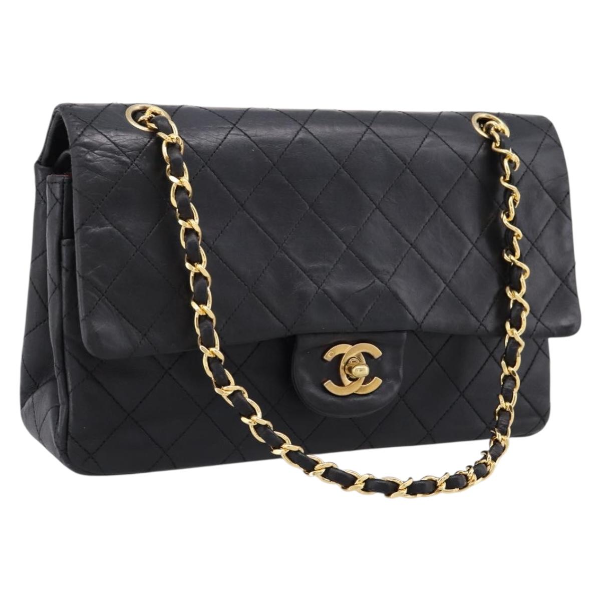 CHANEL Matelasse 25 Chain Shoulder Bag Lamb Skin Black Gold CC Auth 200746V