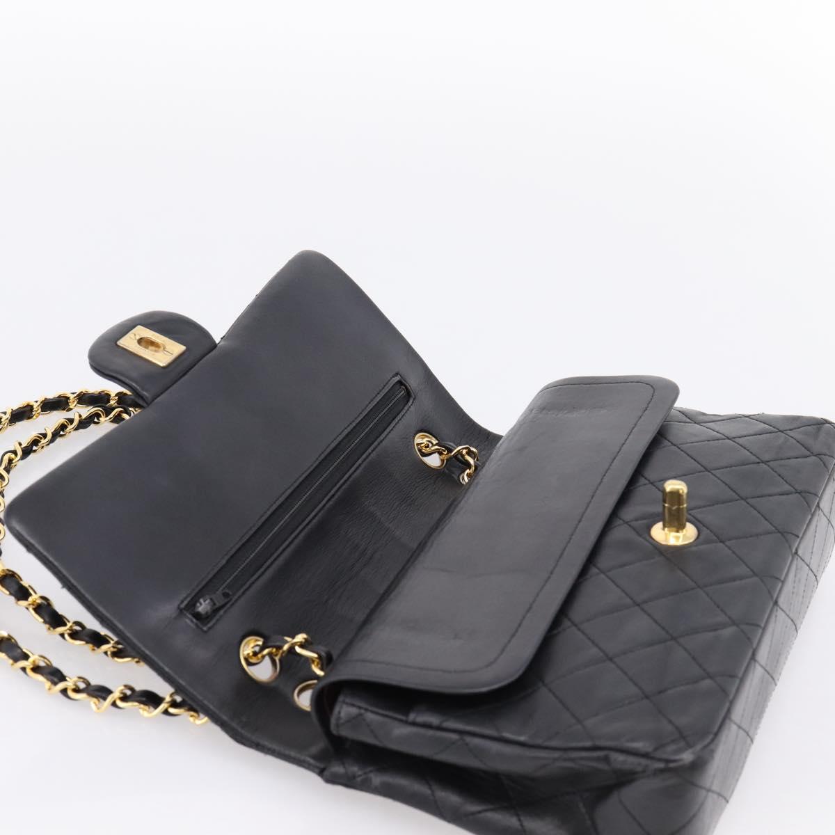 CHANEL Matelasse 25 Chain Shoulder Bag Lamb Skin Black Gold CC Auth 200746V