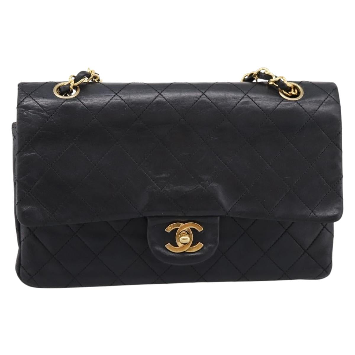 CHANEL Matelasse 25 Chain Shoulder Bag Lamb Skin Black Gold CC Auth 200746V