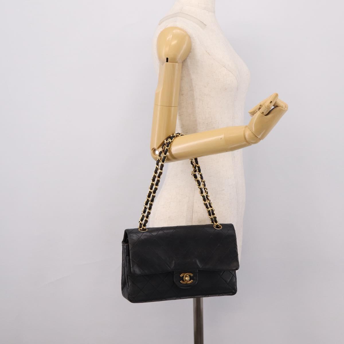 CHANEL Matelasse 25 Chain Shoulder Bag Lamb Skin Black Gold CC Auth 200746V