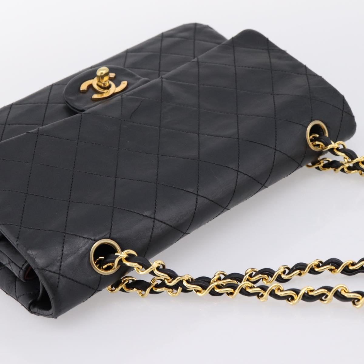 CHANEL Matelasse 25 Chain Shoulder Bag Lamb Skin Black Gold CC Auth 200746V