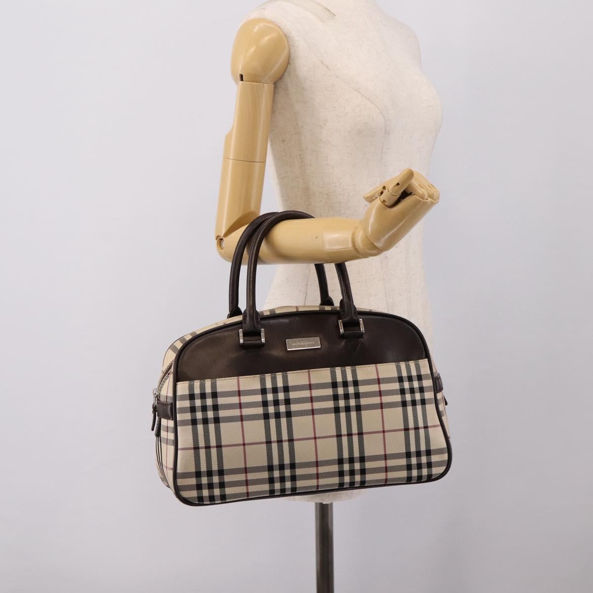 BURBERRY Nova Check Boston Bag Canvas Beige Silver Auth 200751