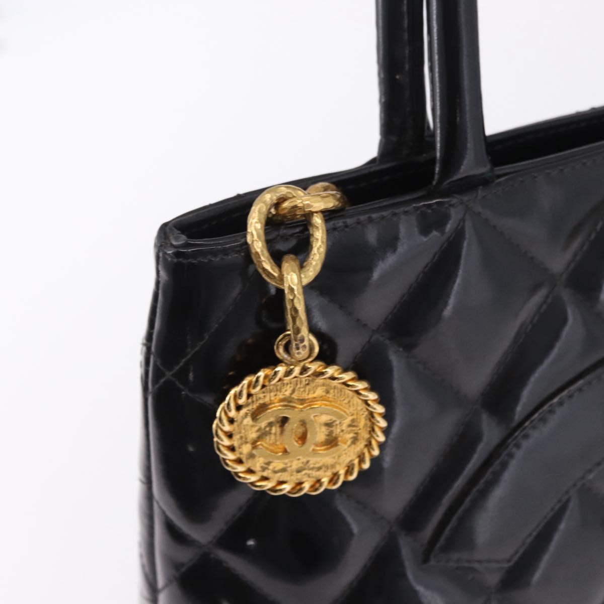 CHANEL Matelasse Reprint Tote Bag Patent Leather Black Gold CC Auth 200752