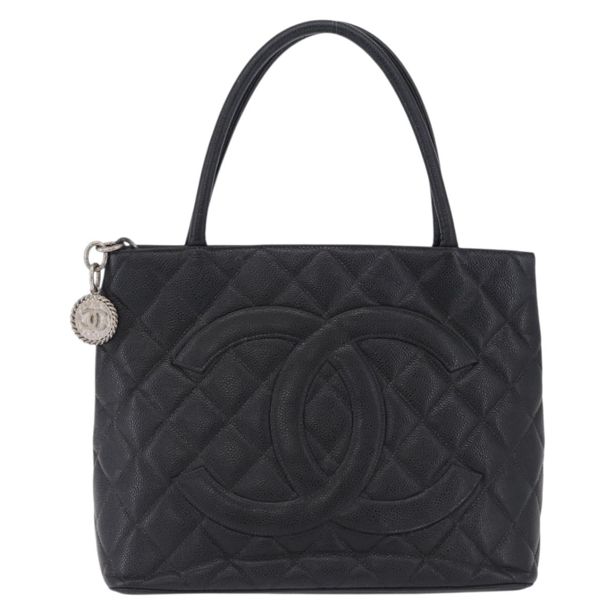 CHANEL Matelasse Reprint Tote Bag Caviar Skin Black Silver CC Auth 200753V