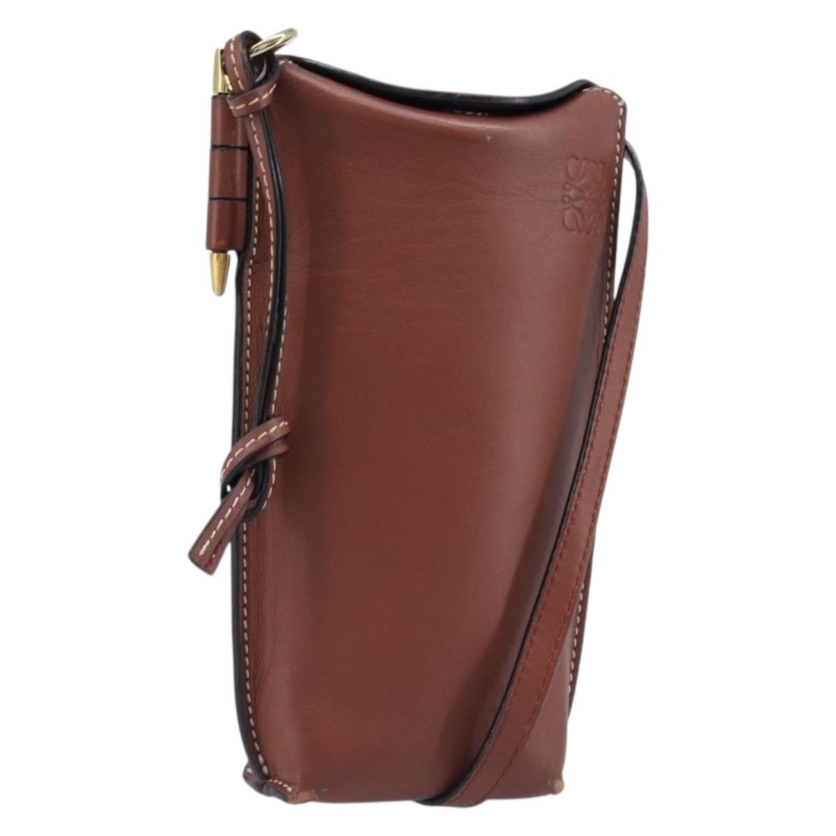 LOEWE Phone Pouch Leather Brown Gold Auth 200754