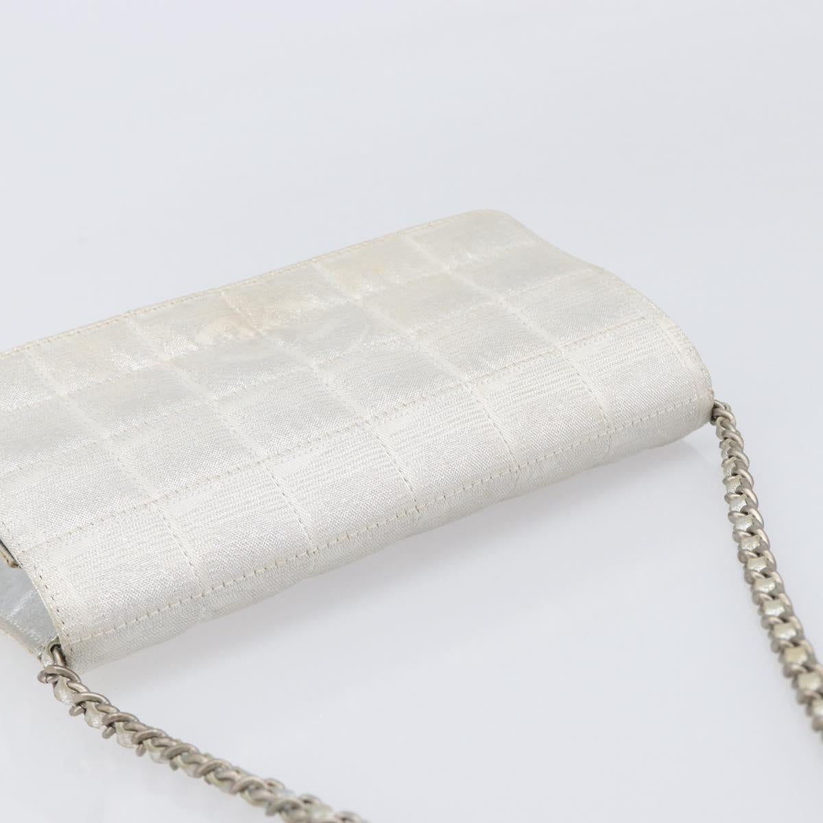 CHANEL New Travel Line Chain Shoulder Bag Canvas Silver CC Auth 200755