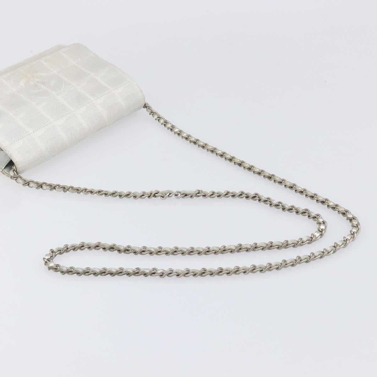 CHANEL New Travel Line Chain Shoulder Bag Canvas Silver CC Auth 200755