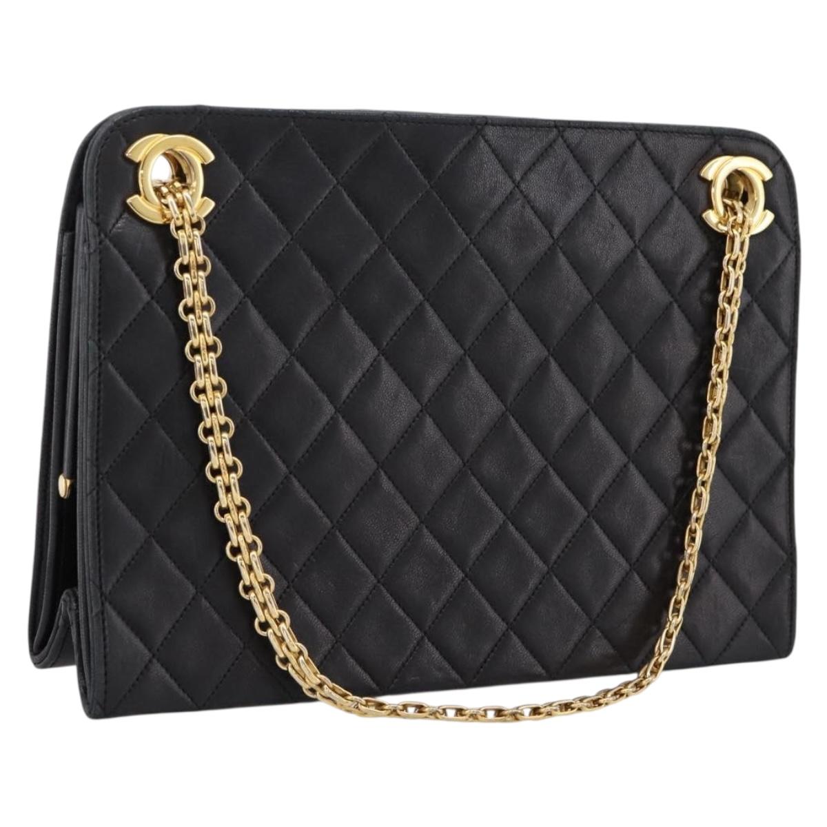 CHANEL Matelasse Chain Shoulder Bag Lamb Skin Black Gold CC Auth 200758V