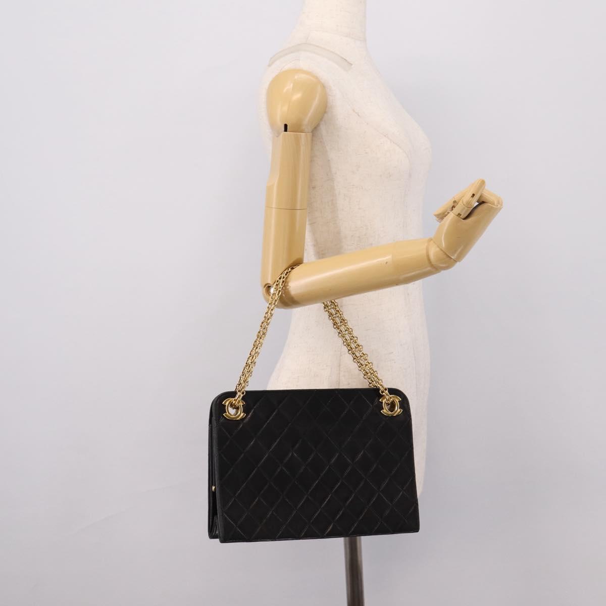 CHANEL Matelasse Chain Shoulder Bag Lamb Skin Black Gold CC Auth 200758V