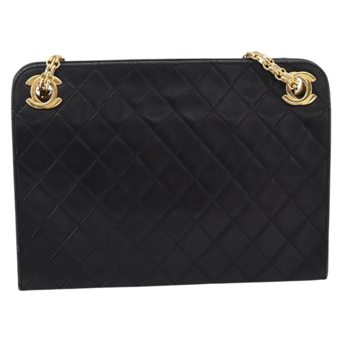 CHANEL Matelasse Chain Shoulder Bag Lamb Skin Black Gold CC Auth 200758V