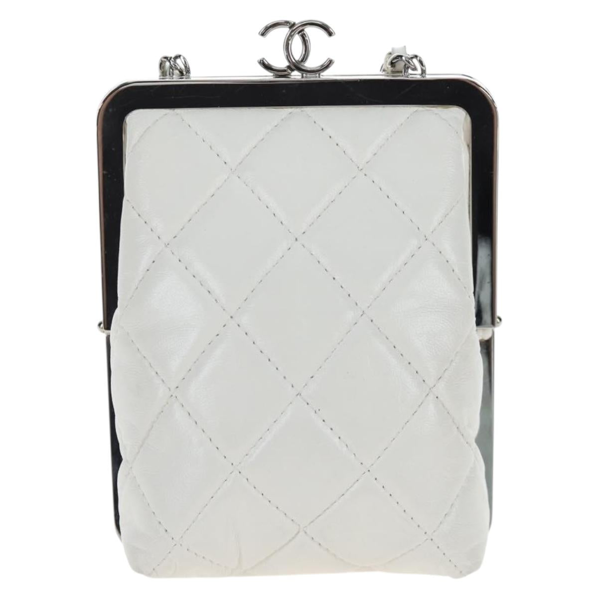 CHANEL Matelasse Chain Shoulder Bag Lamb Skin White Silver CC Auth 200768M
