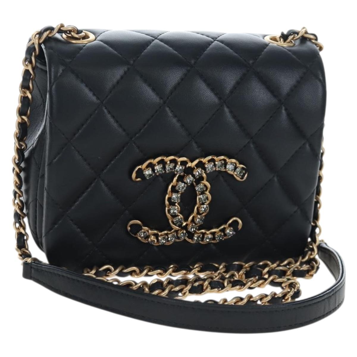 CHANEL Matelasse Chain Shoulder Bag Lamb Skin Black Gold CC Auth 200775SM