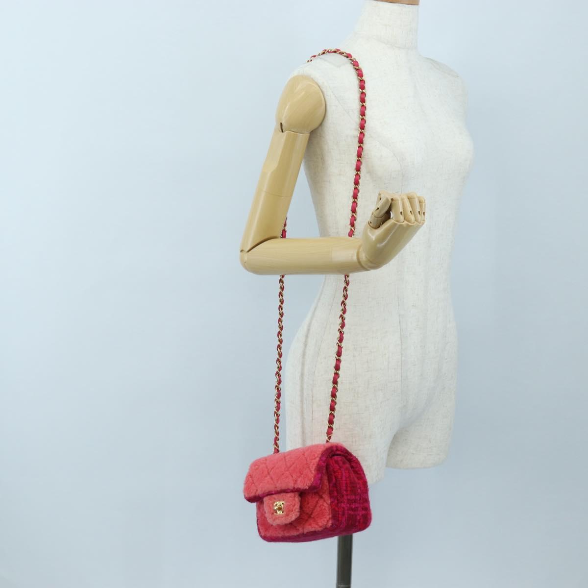 CHANEL Mini Matelasse 17 Chain Shoulder Bag tweed Pink Gold CC Auth 200776SAM
