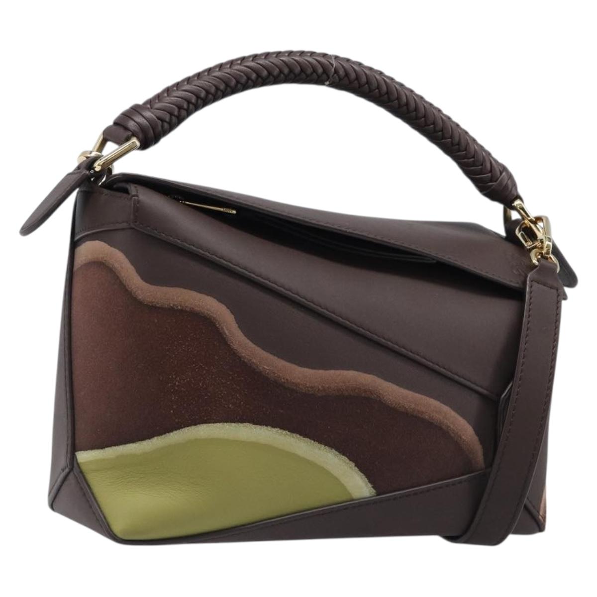 LOEWE Puzzle Bag Small Leather 2way Brown Gold Auth 200778SAM