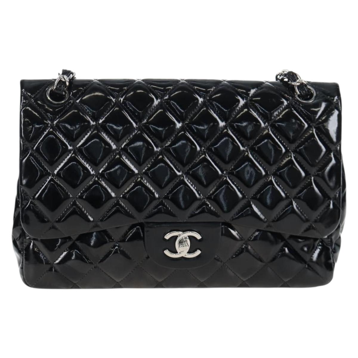 CHANEL Big Matelasse 30 Chain Bag Patent leather Black Silver CC Auth 200779M