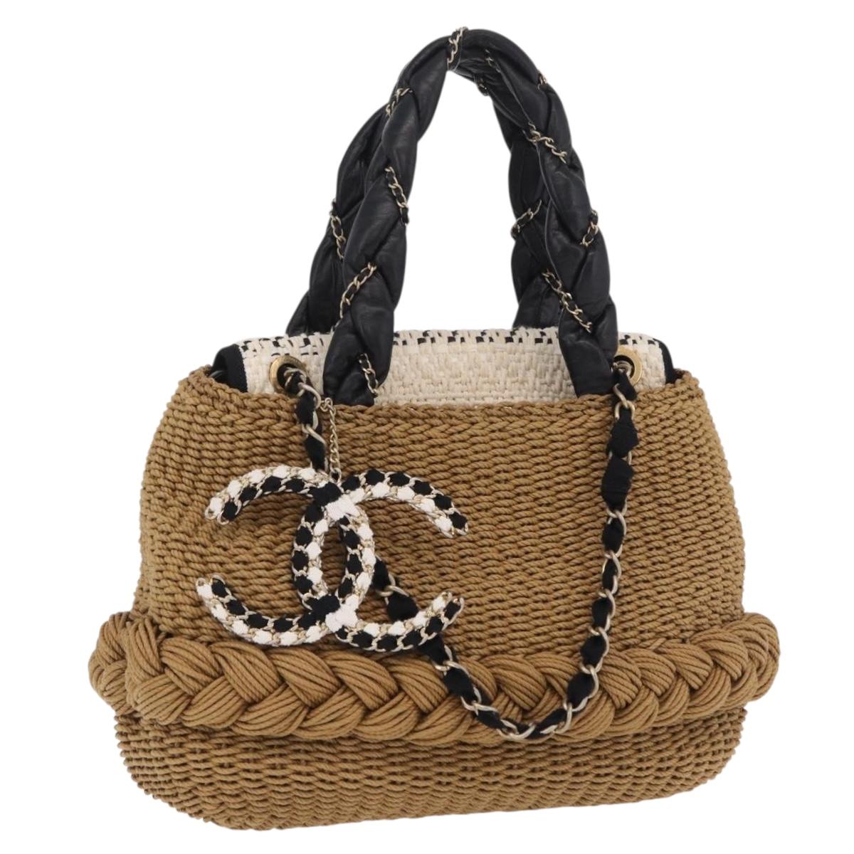 CHANEL Chain Shoulder Bag Raffia 2way Beige Gold CC Auth 200780SAM