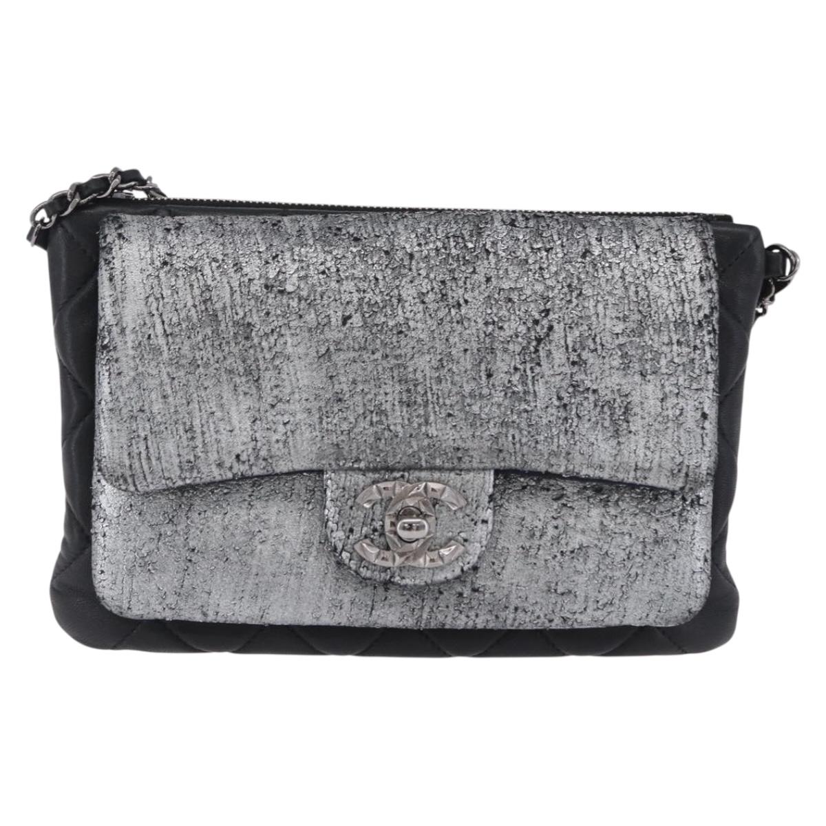 CHANEL Matelasse Chain Shoulder Bag Lamb Skin Black Silver CC Auth 200782V