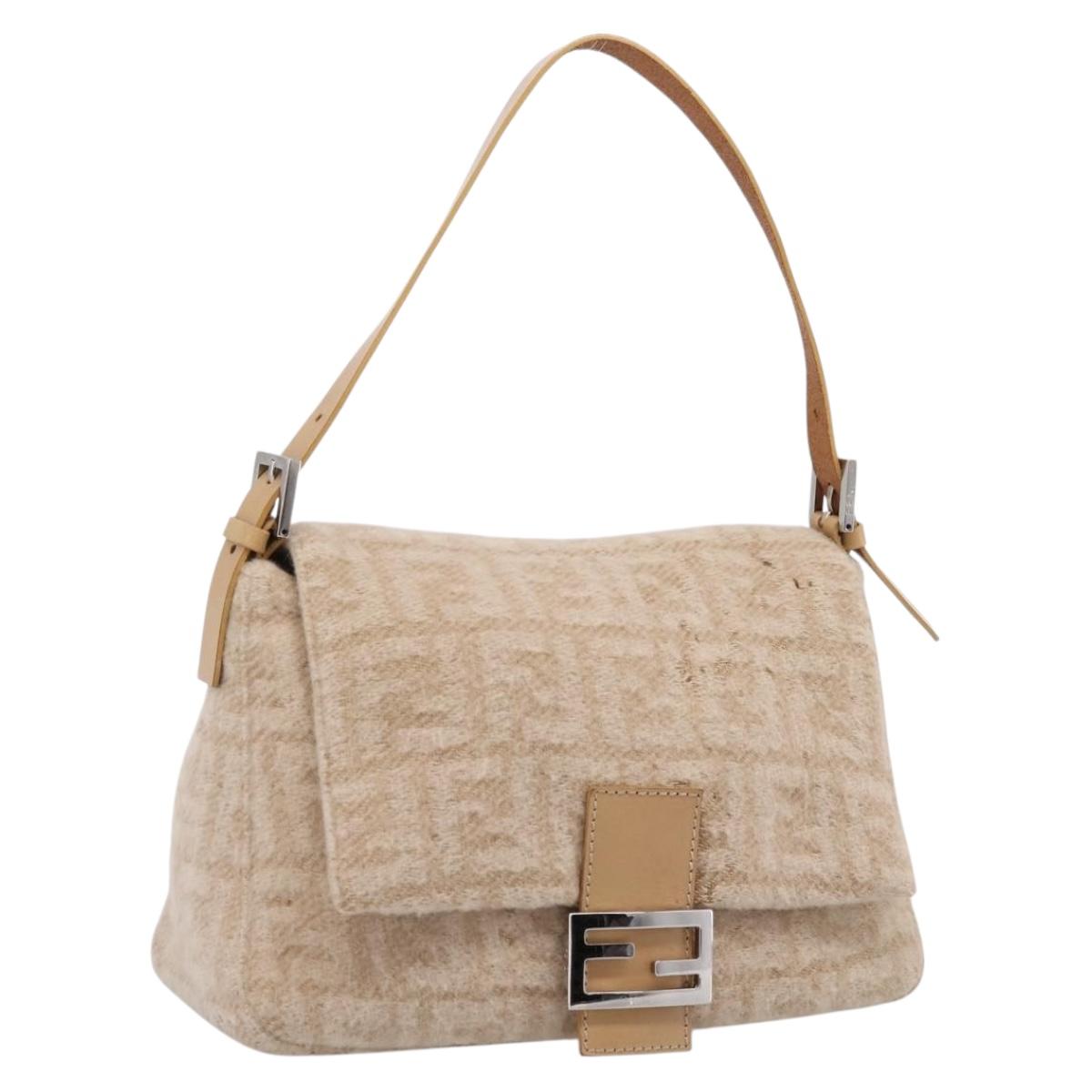 FENDI Mamma Baguette Shoulder Bag Wool Beige Silver Auth 200802V