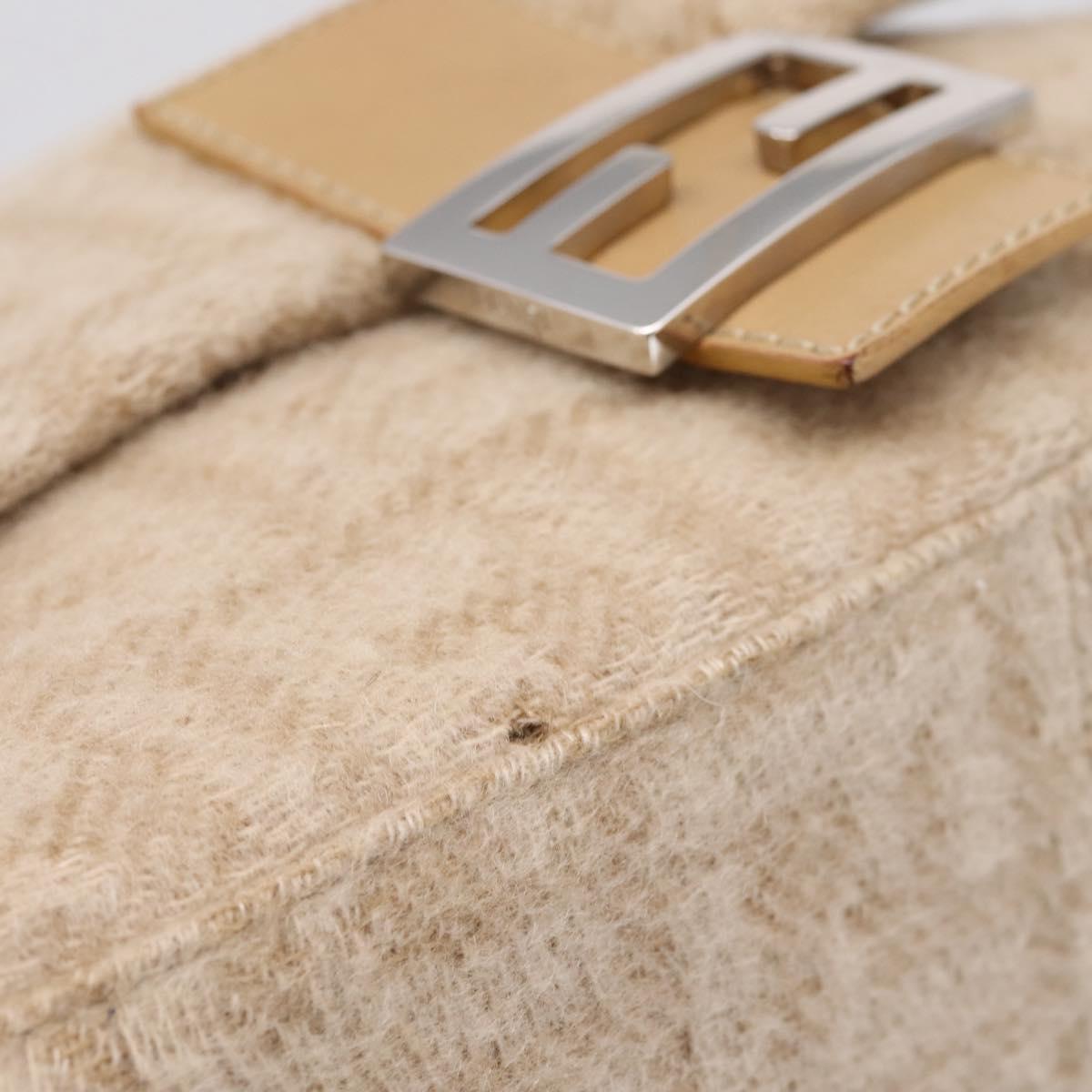 FENDI Mamma Baguette Shoulder Bag Wool Beige Silver Auth 200802V