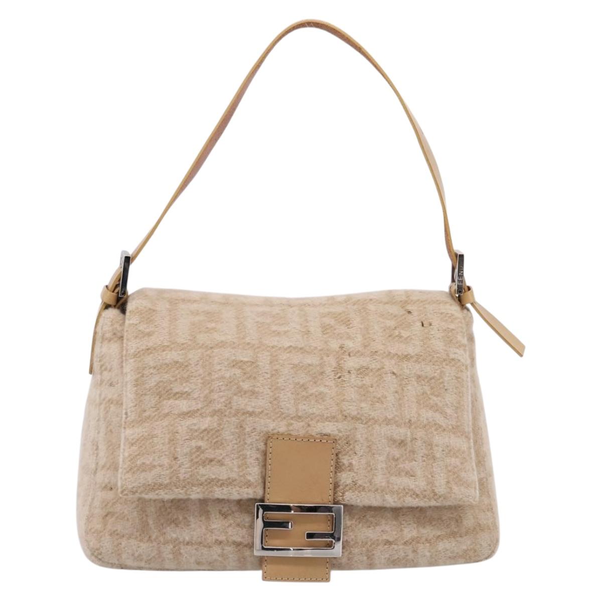 FENDI Mamma Baguette Shoulder Bag Wool Beige Silver Auth 200802V